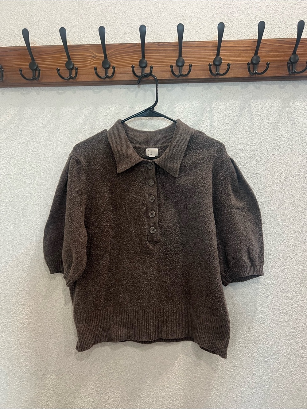 a new day Dark Brown Puff Sleeve Collared Knit Top